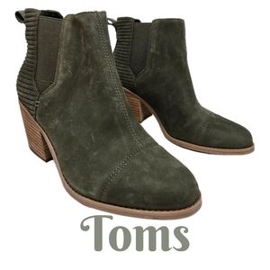 Toms Everly Womens Pull On Booties Sz 9 Olive Green Nubuck Leather Block Heel